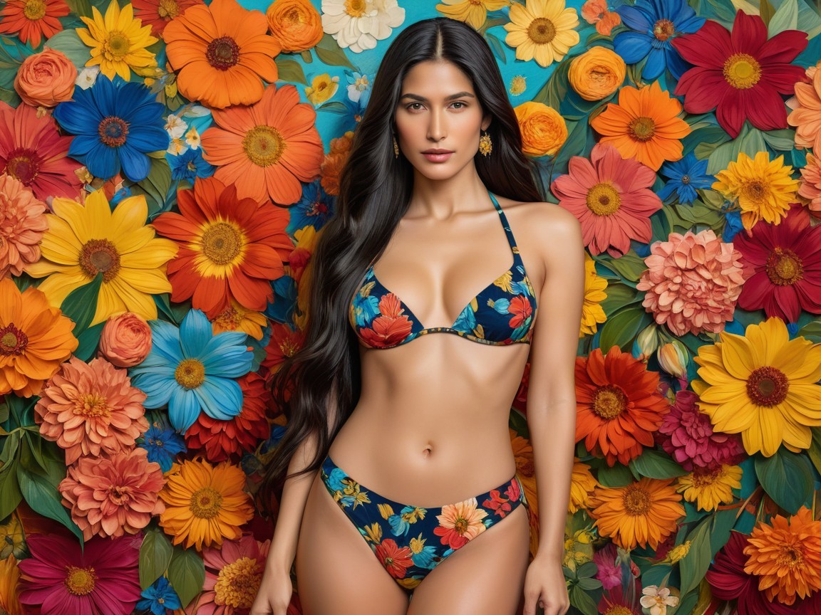 Confident Woman in Floral Bikini Against Bright Flowers