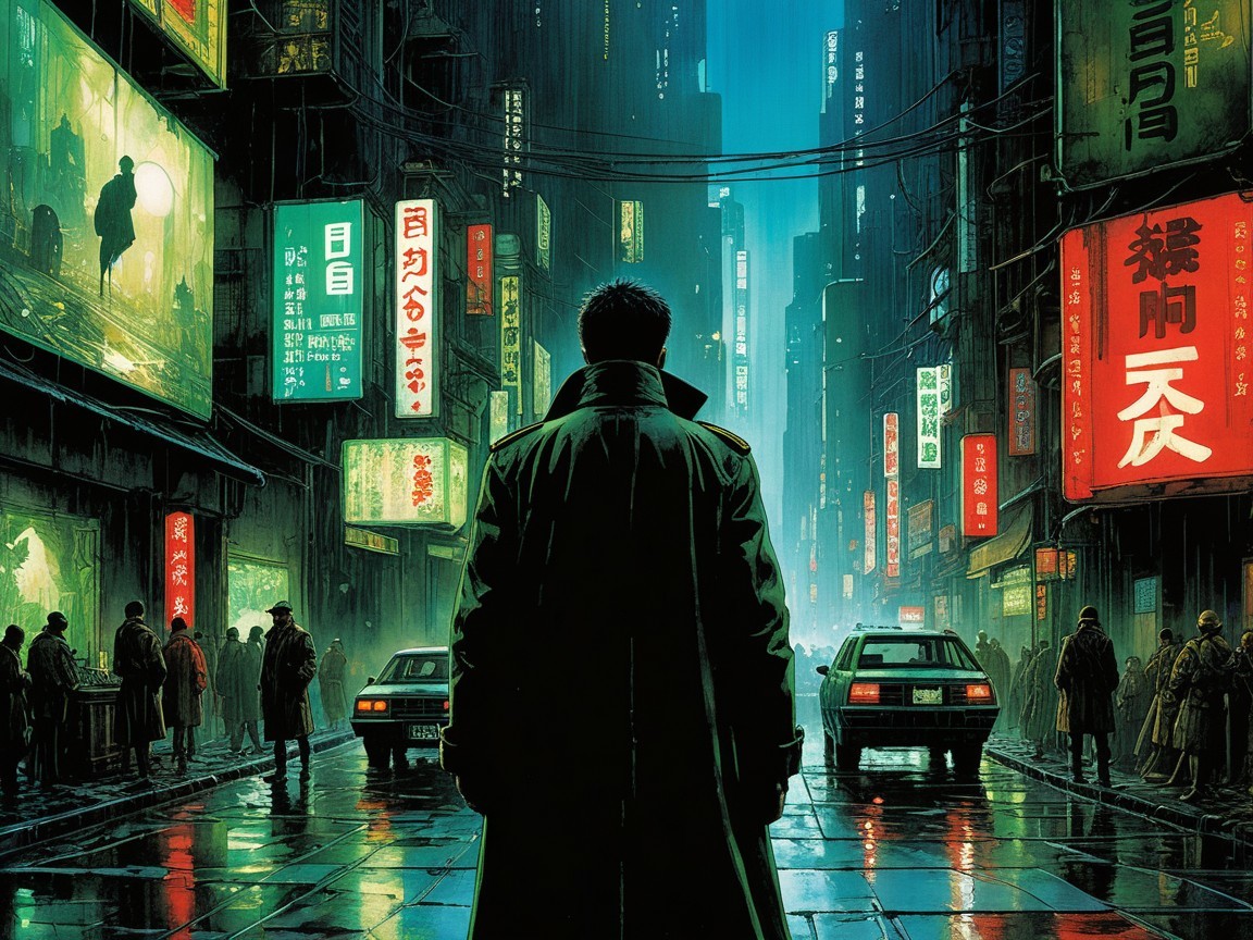 Cyberpunk Scene of a Figure in a Neon City at Night