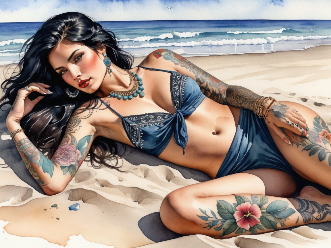 Woman in Blue Bikini with Tattoos on Beach