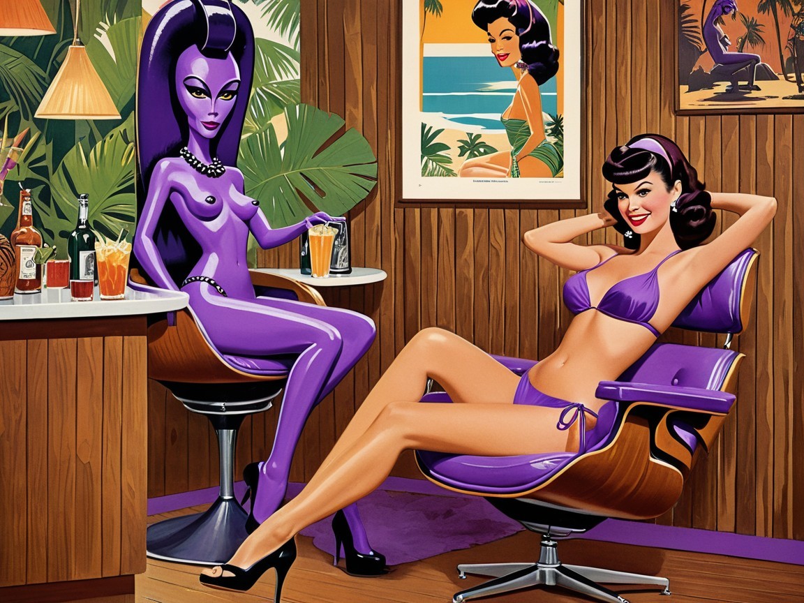 Playful Retro Scene with Stylized Figures in Purple