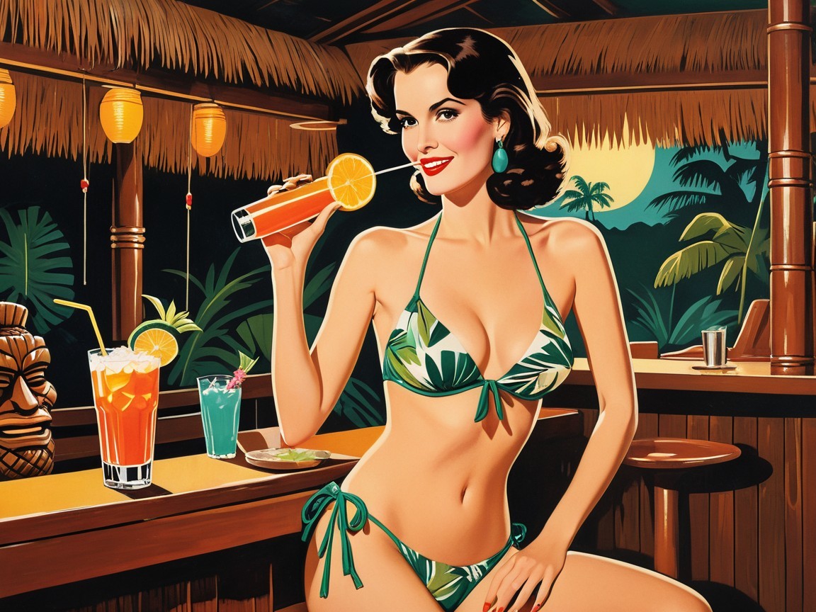 Glamorous Woman in Tropical Bar with Colorful Cocktails