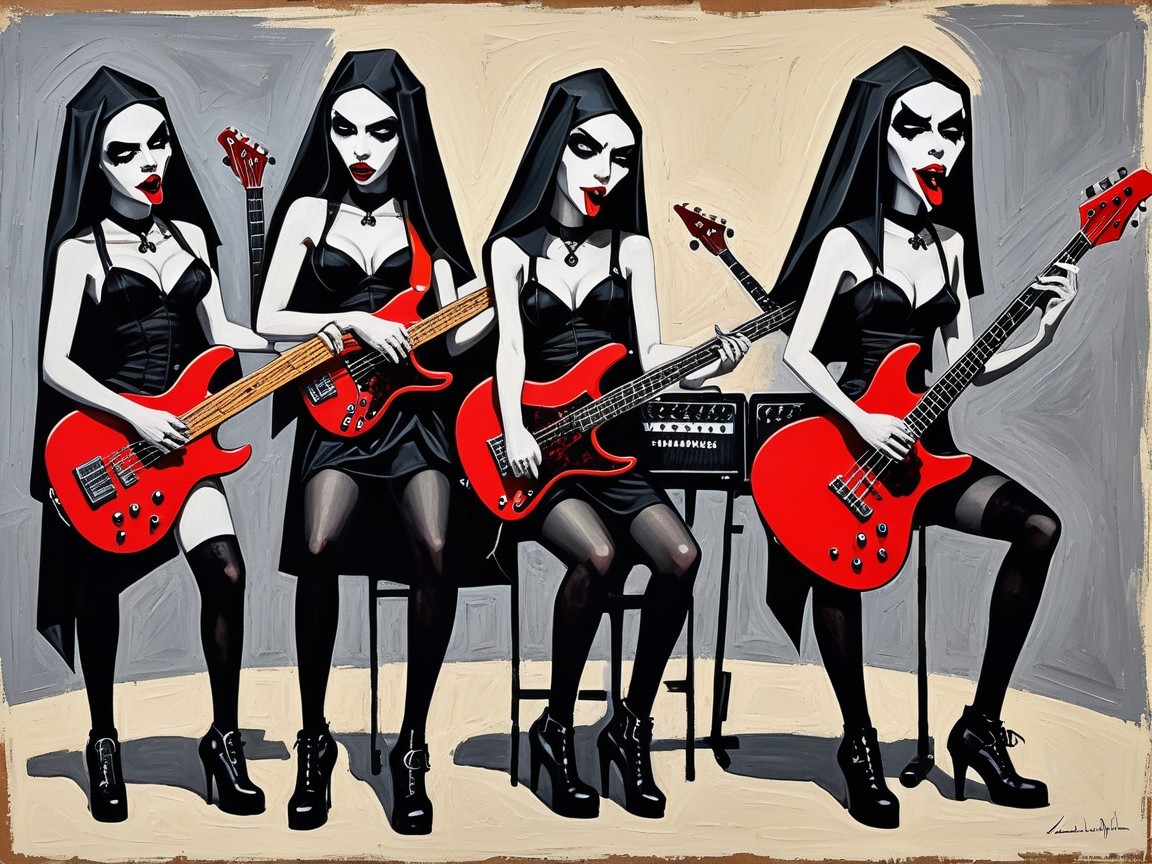 Stylized Women in Black Habits Playing Red Guitars