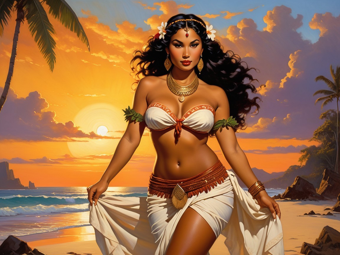 Confident Woman in Flowing Outfit on Tropical Beach