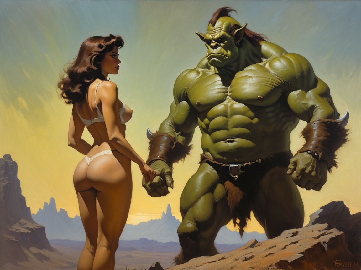Orc and Woman in Dramatic Fantasy Landscape
