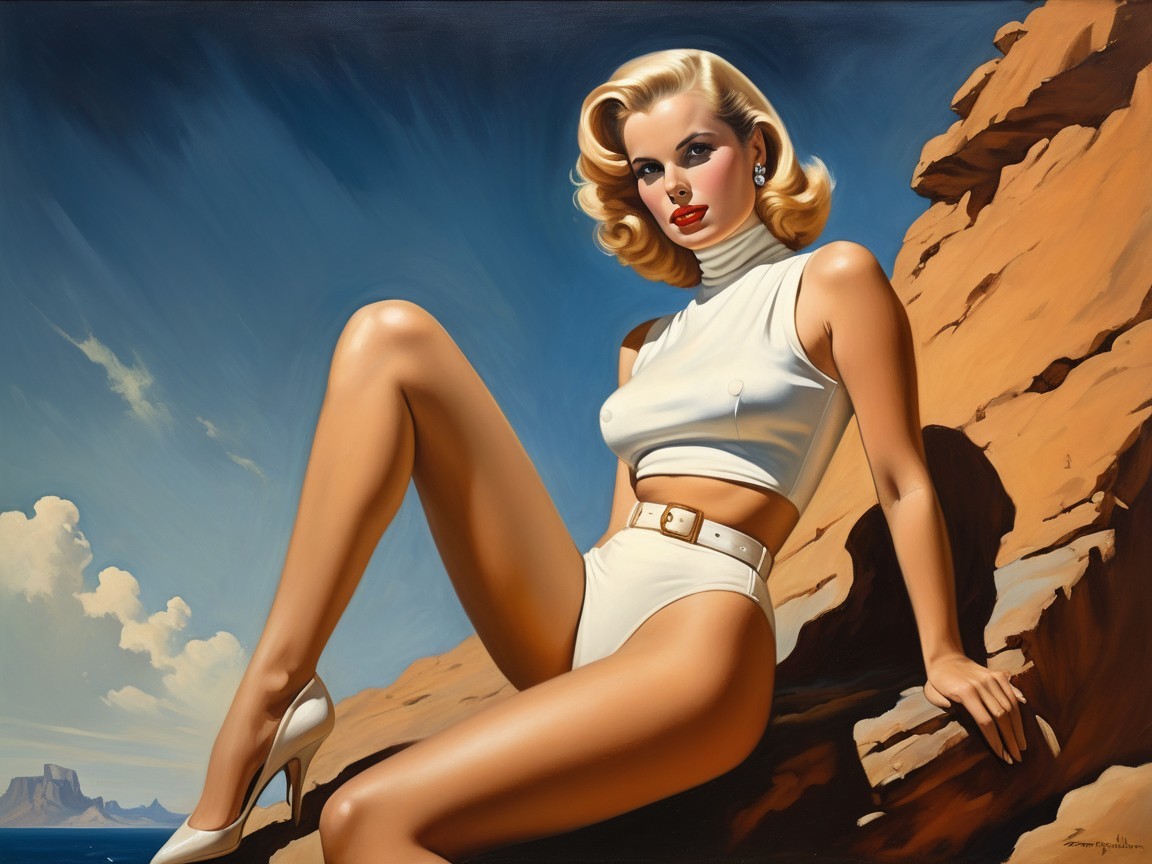 Glamorous Woman in Stylish White Outfit Against Rocks