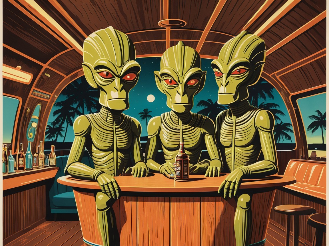 Three Green Aliens at a Tropical Bar Scene