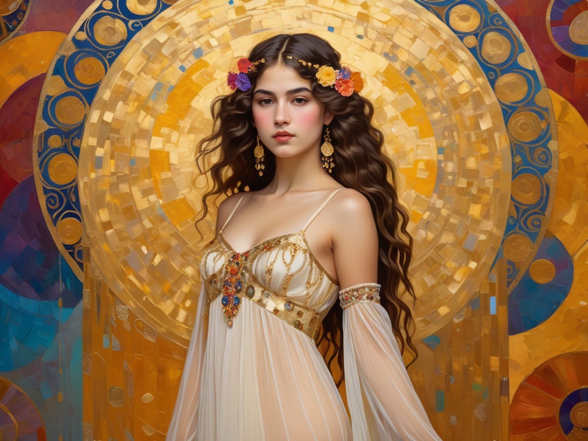 Elegant Young Woman in Sheer Gown with Floral Crown