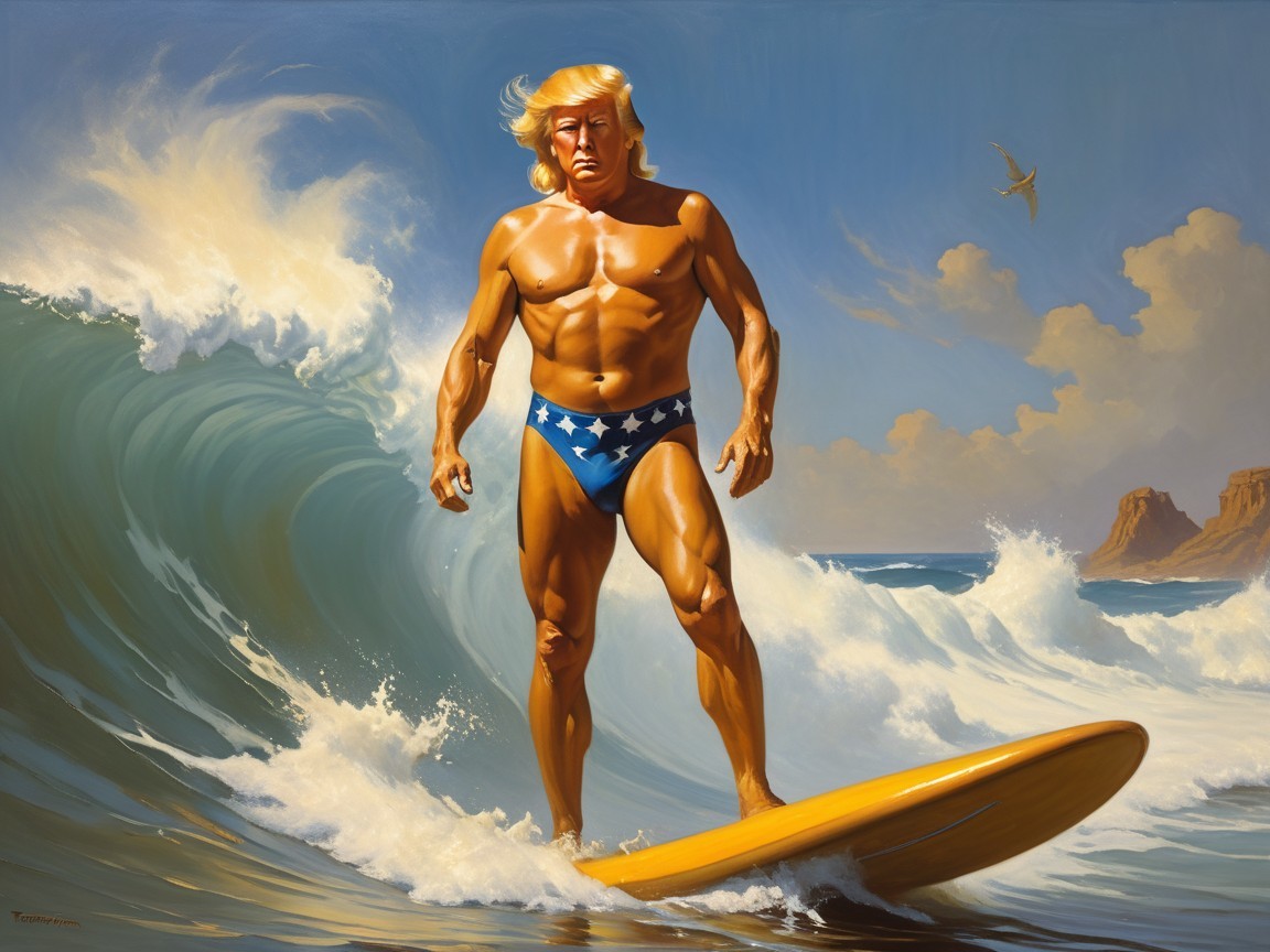 Muscular Surfer Riding Wave with Blue Sky Background