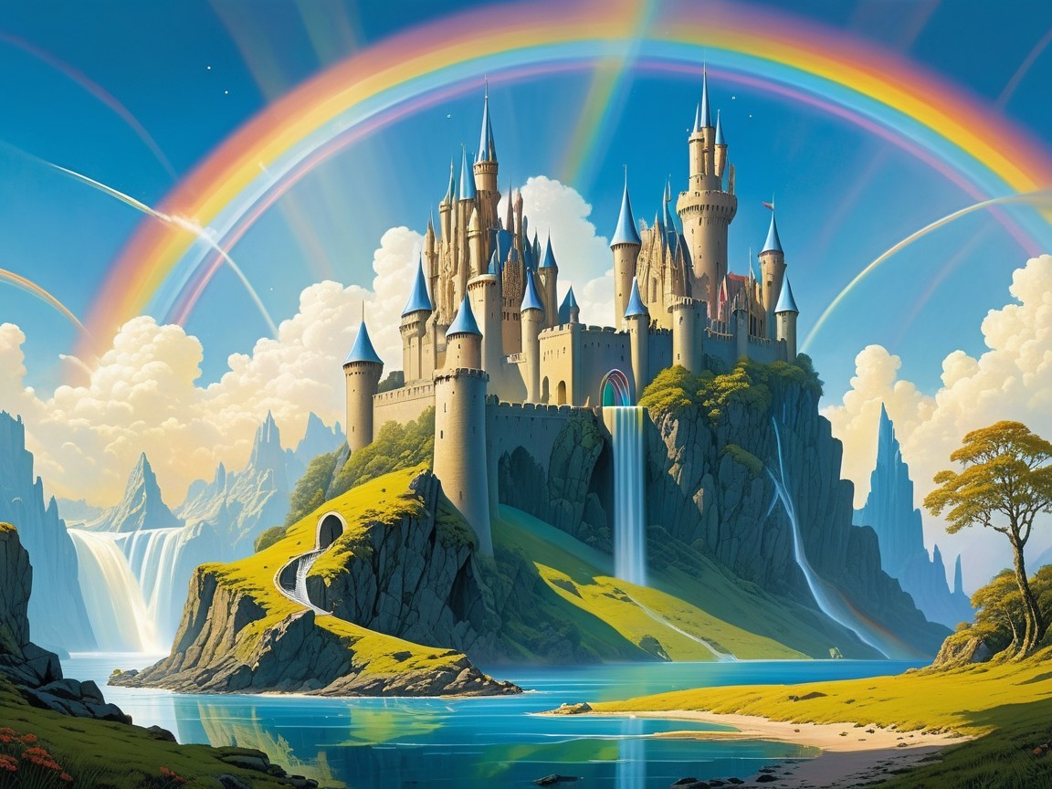 Majestic castle on a hill with vibrant waterfalls