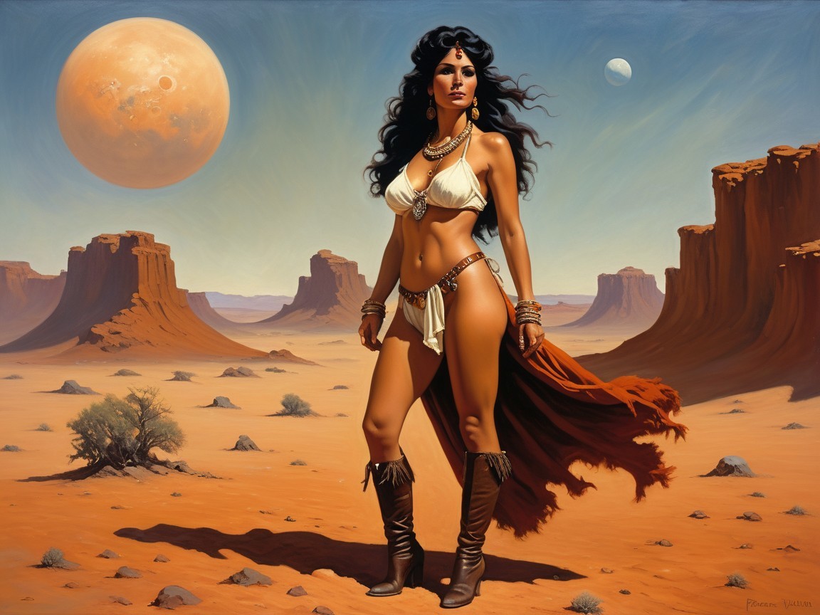 Desert Landscape with Woman in Tribal Outfit and Celestial Sky