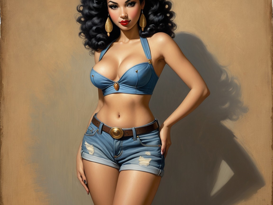 Confident Woman in Denim Top and High-Waisted Shorts