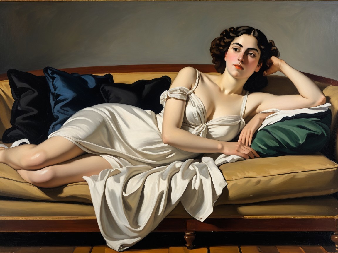 Serene Female Figure Reclining on Plush Couch