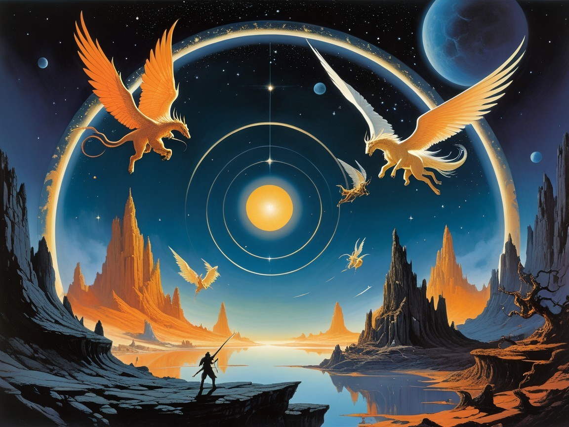 Surreal Landscape with Cosmic Sky and Winged Creatures