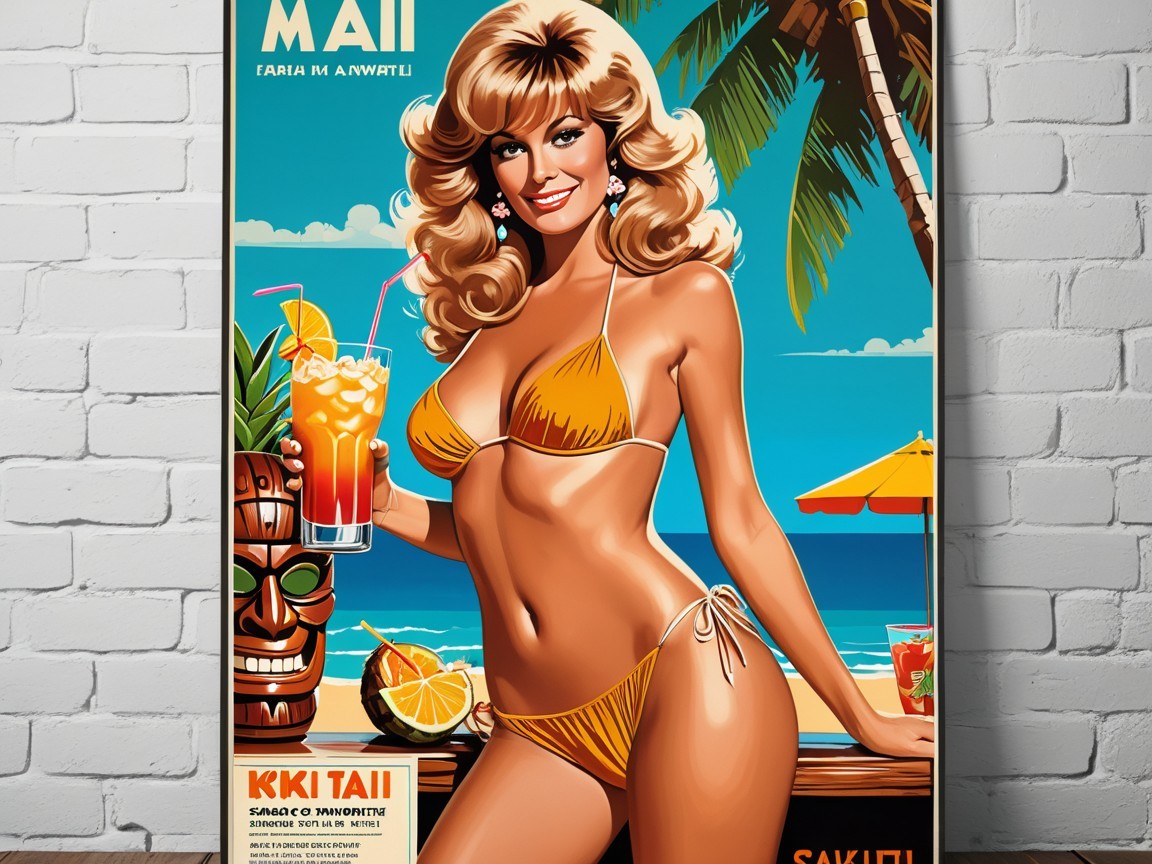 Vintage Tropical Advertisement with Glamorous Woman