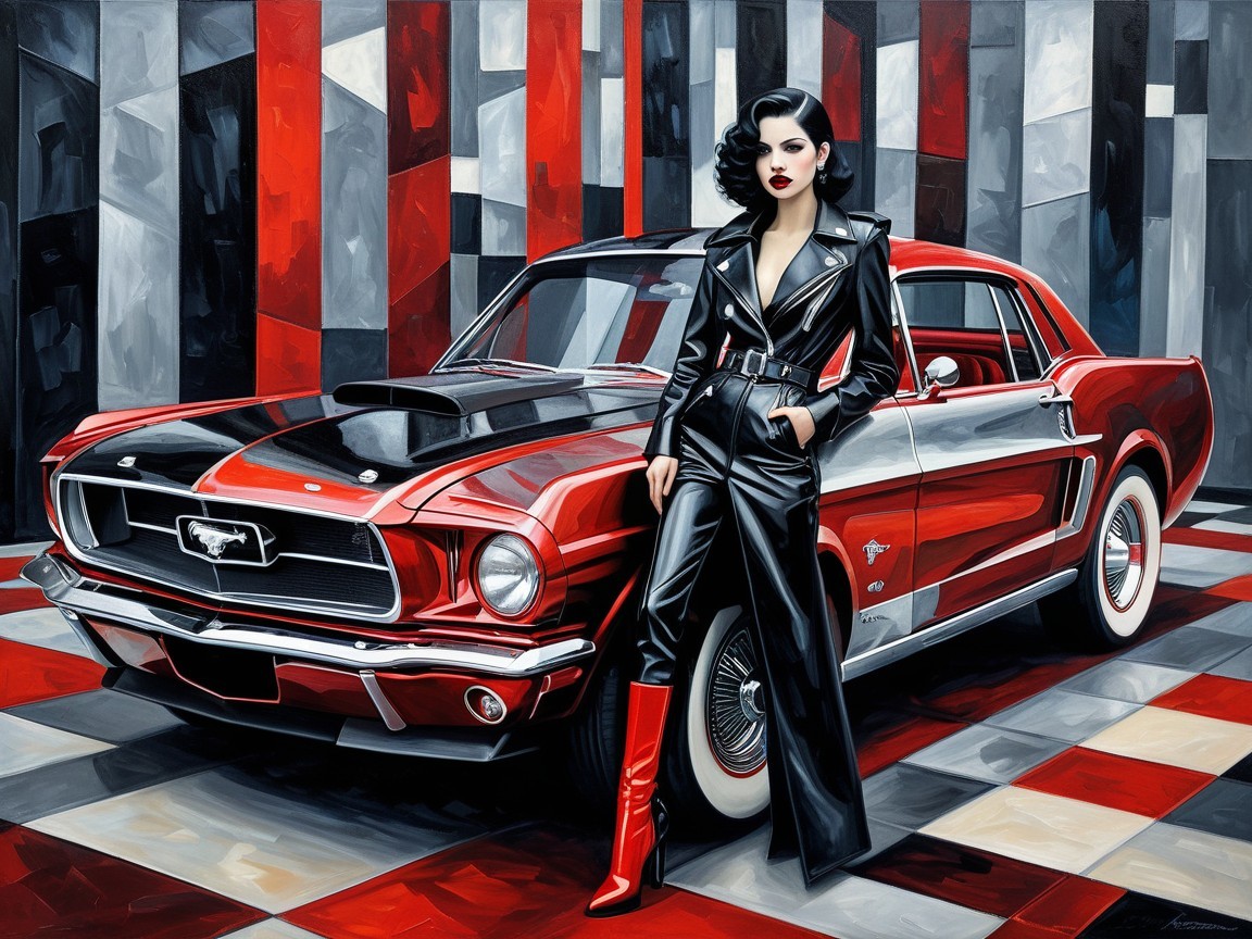 Elegant Woman in Black Leather with Red Mustang