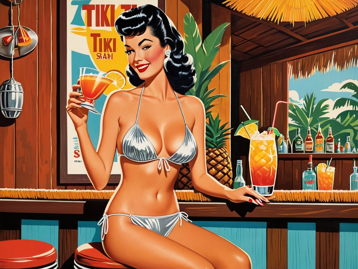 Vintage Illustration of Glamorous Woman at Tropical Bar