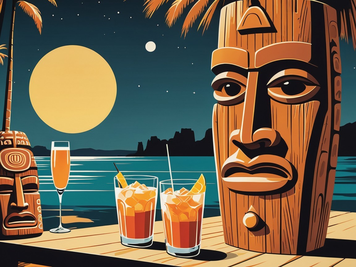 Tropical Scene with Tiki Sculptures and Moonlit Ocean