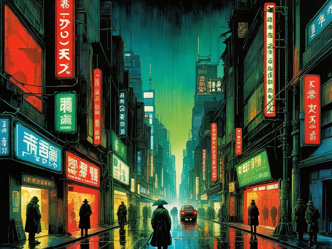 Dystopian Night Scene with Cyberpunk Architecture