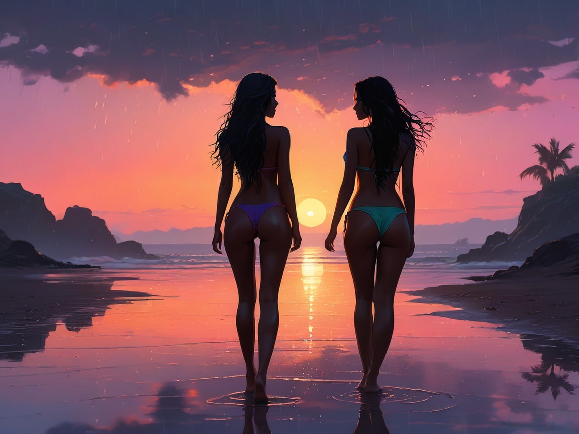 Silhouetted Figures on Beach at Sunset with Rain