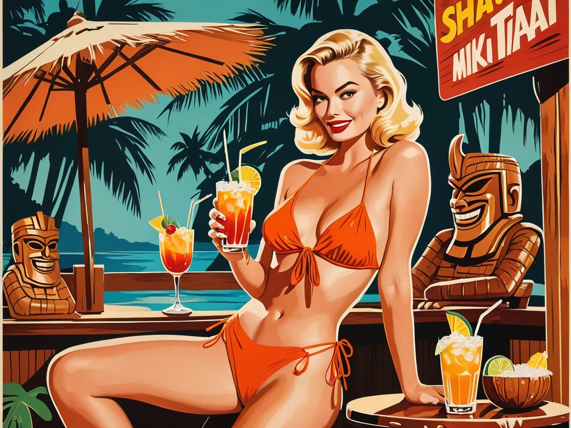 Vibrant Retro Scene of a Woman at Tropical Bar