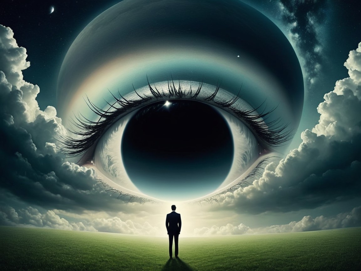 Surreal Scene of a Man Facing a Giant Eye in Space