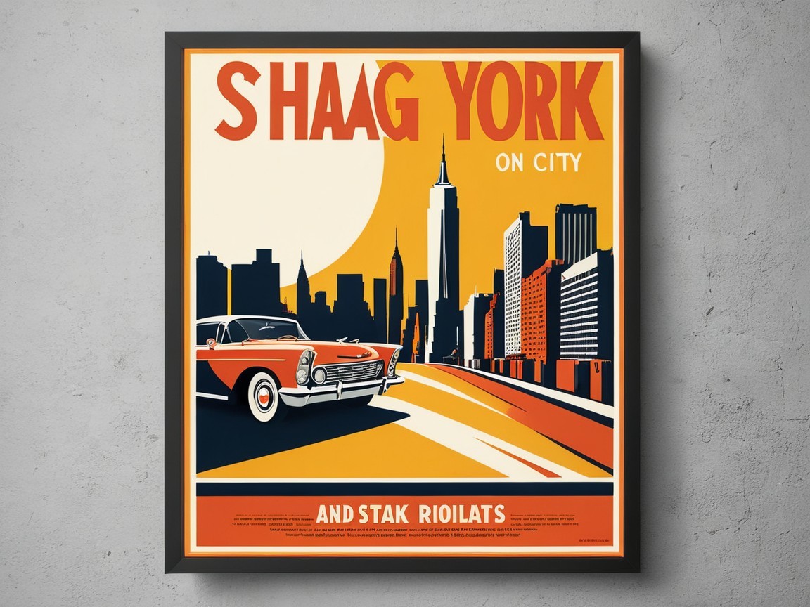 Retro City Skyline Poster with Classic Car and Sunset