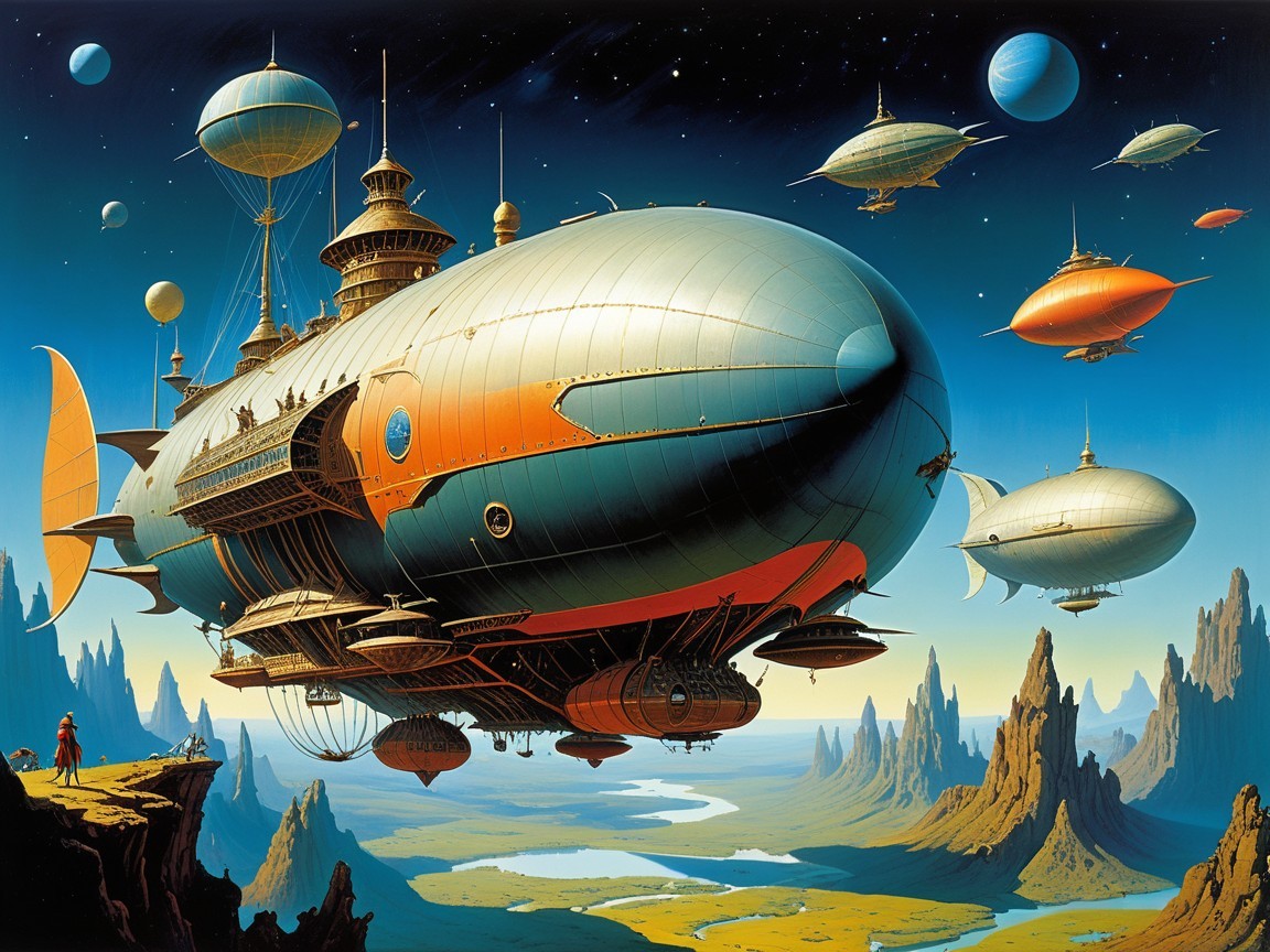 Futuristic airship over alien landscape with balloons