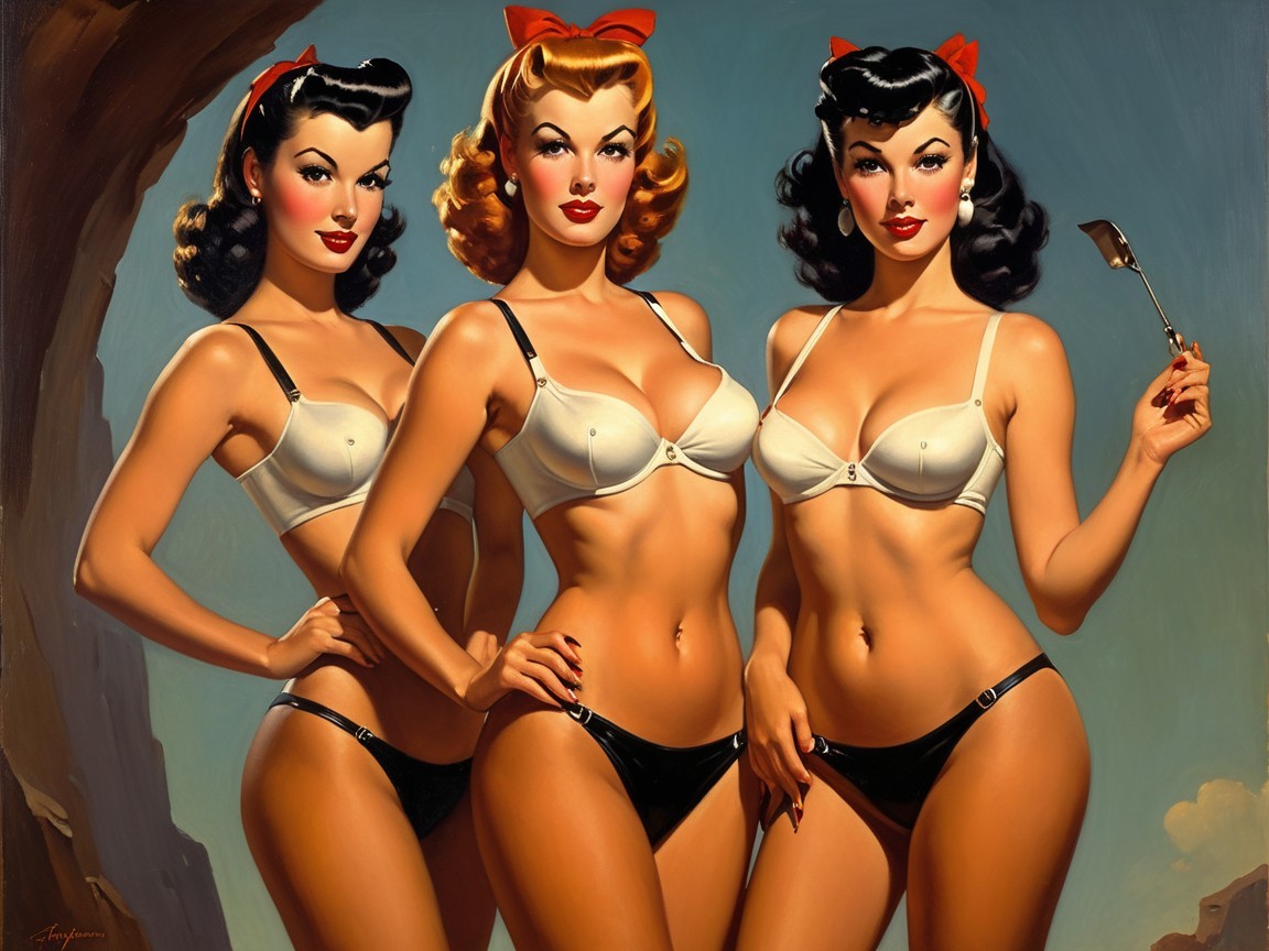 Vintage Pin-Up Models in Lingerie with Scenic Backdrop