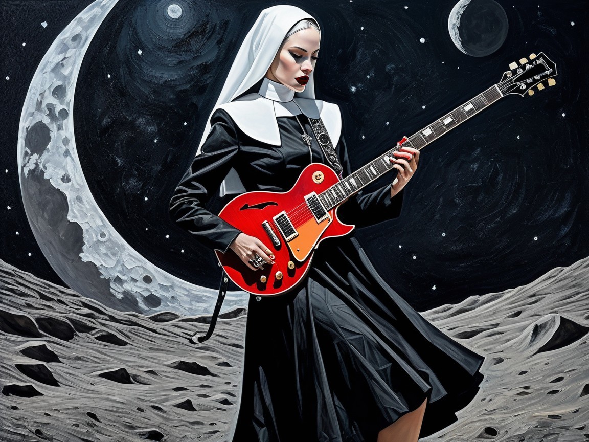 Nun Playing Guitar on Moon's Surface in Dark Art