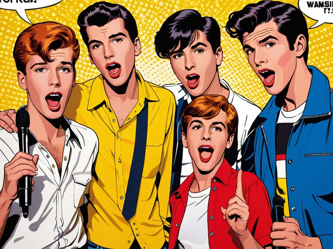 Comic-Style Illustration of Young Men Singing Together