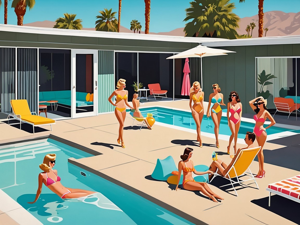Vibrant Retro Poolside Scene with Stylish Women