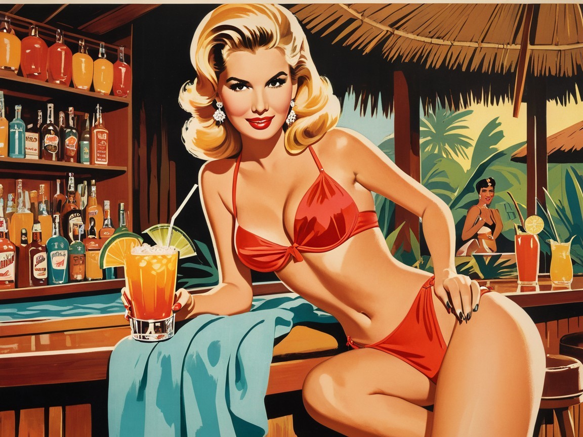Vintage Tropical Bar Scene with Woman in Red Bikini