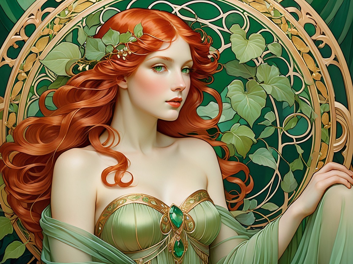 Graceful woman in green dress with flowing red hair