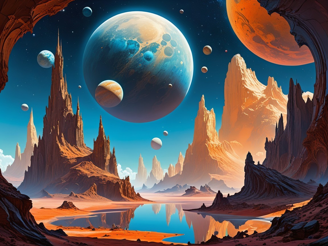 Alien Landscape with Rock Formations and Planets