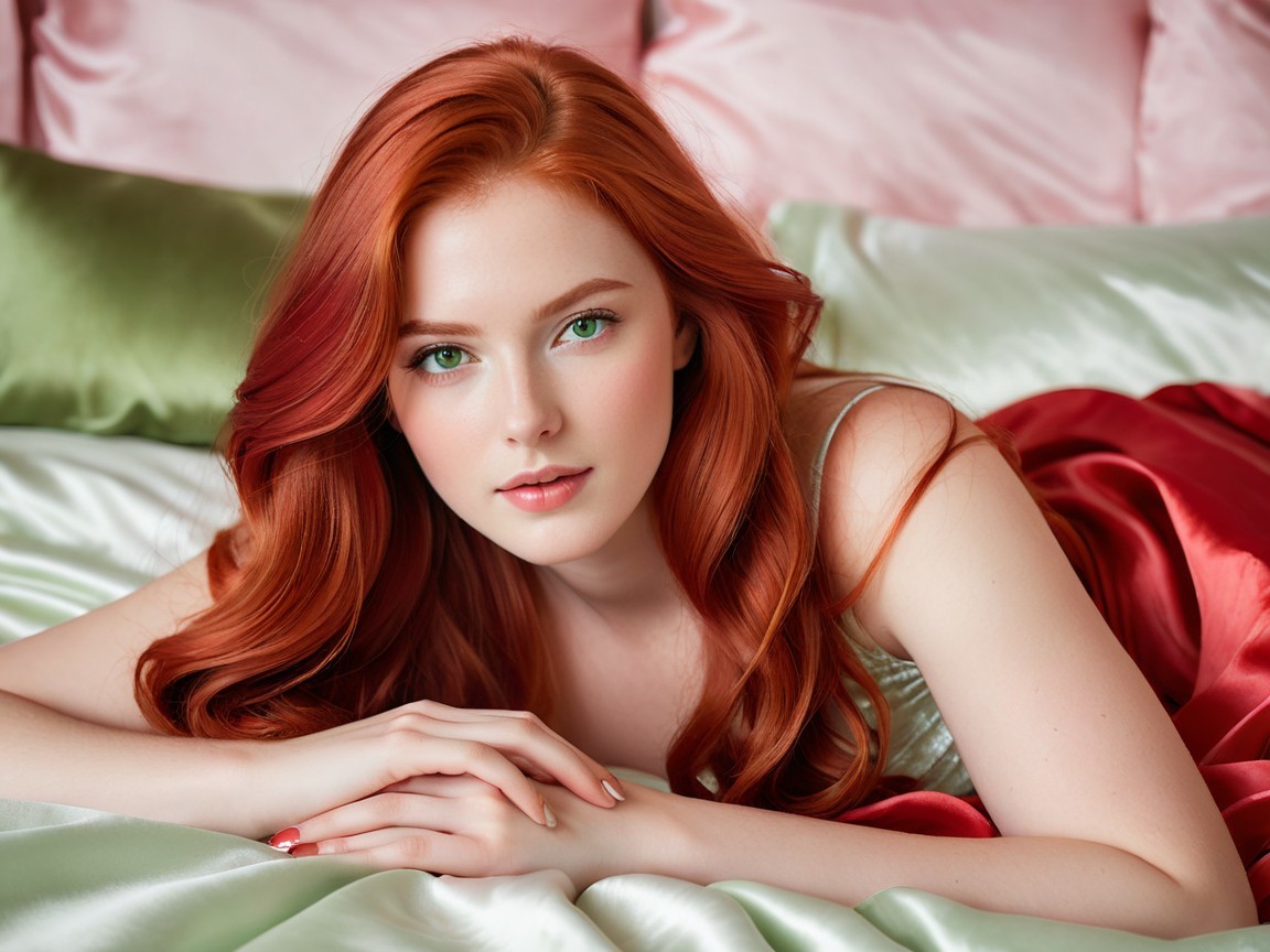 Young woman with red hair on pastel pillow bed
