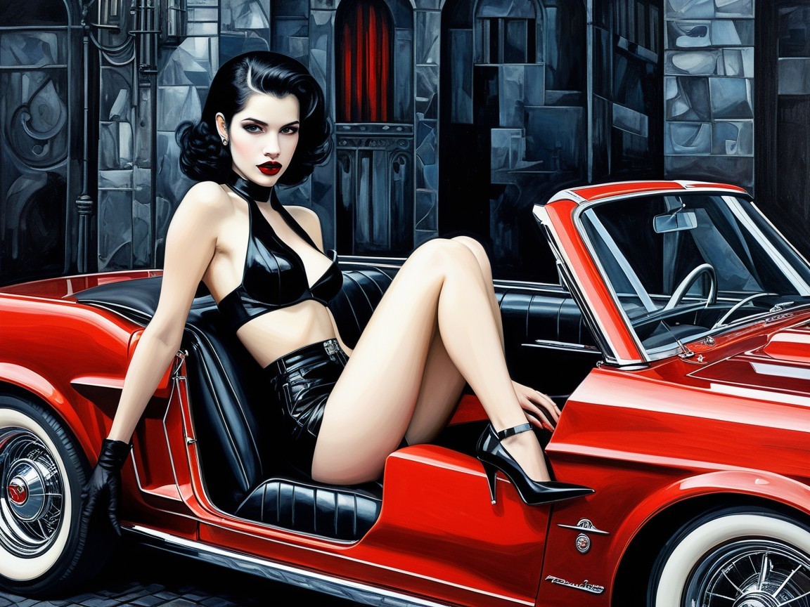 Woman in Latex Outfit in Vintage Convertible with Cityscape