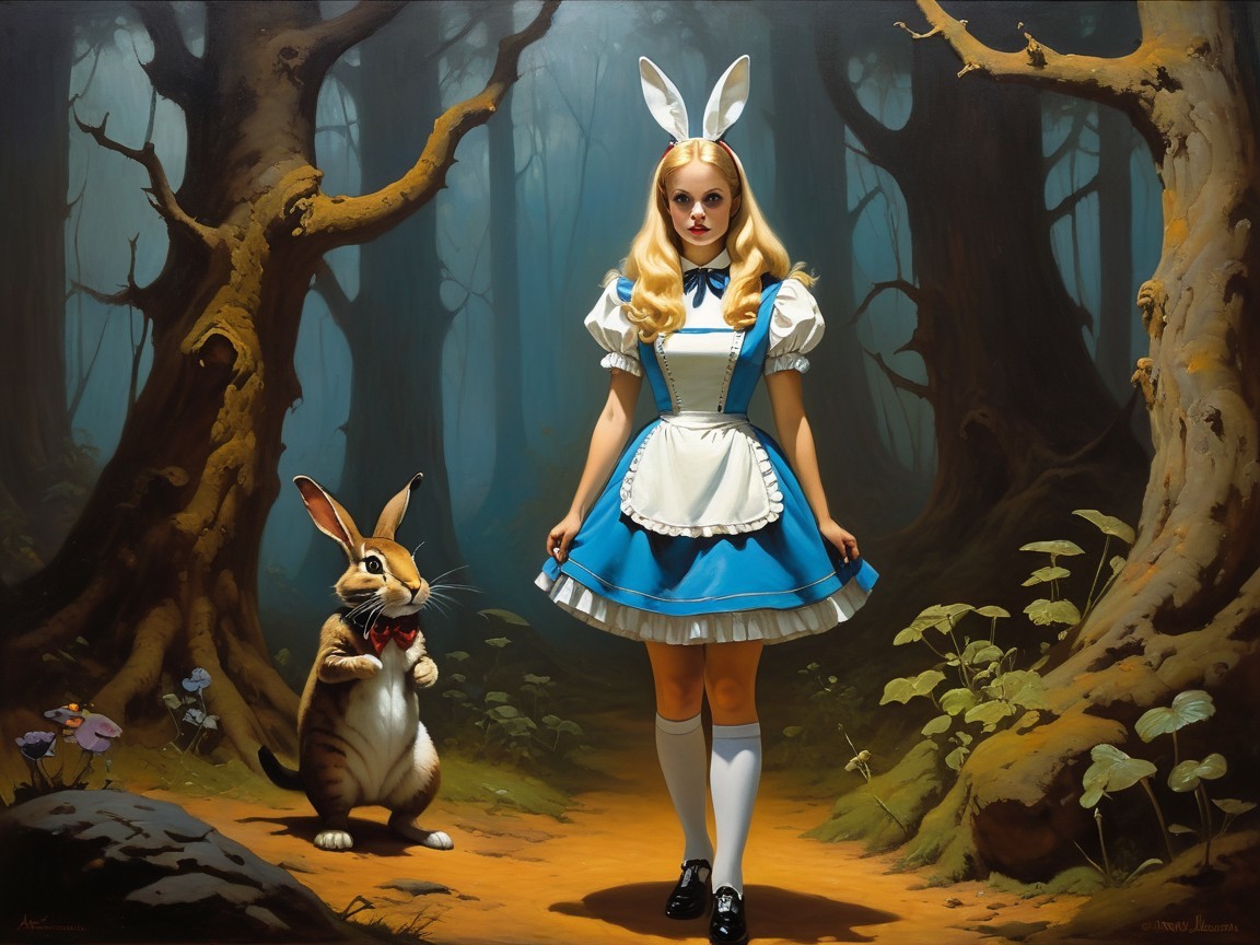 Young Girl as Alice in a Mystical Forest Setting