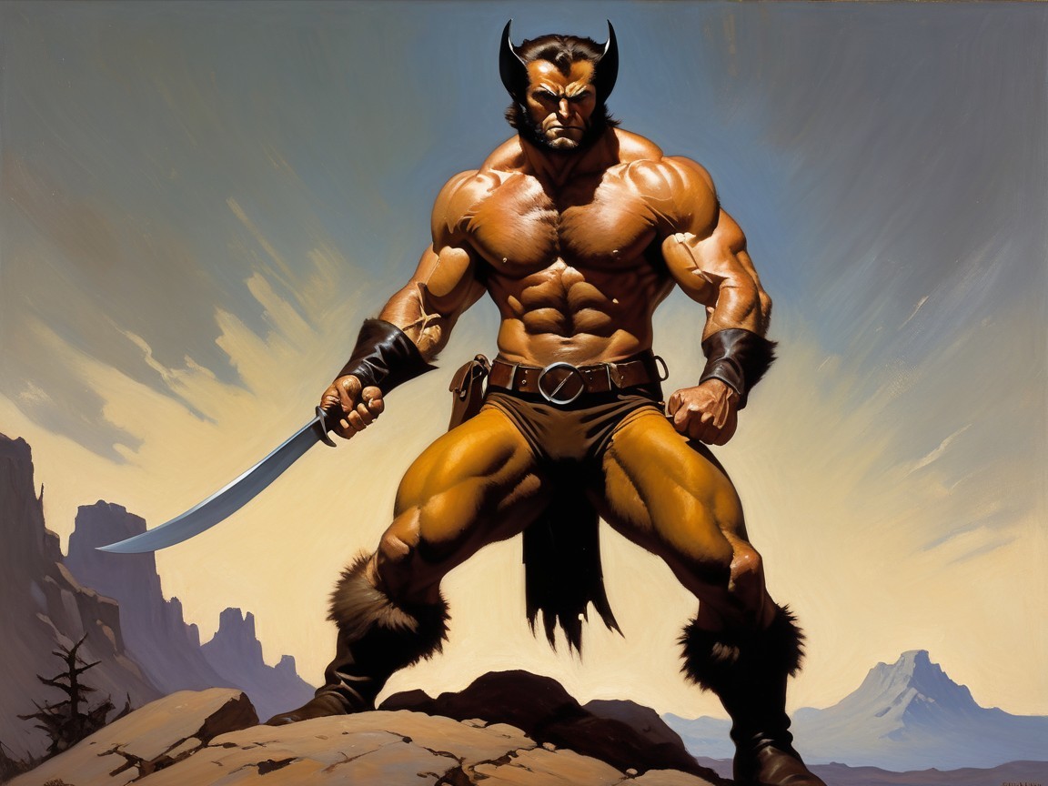 Muscular Warrior with Curved Sword on Rocky Landscape