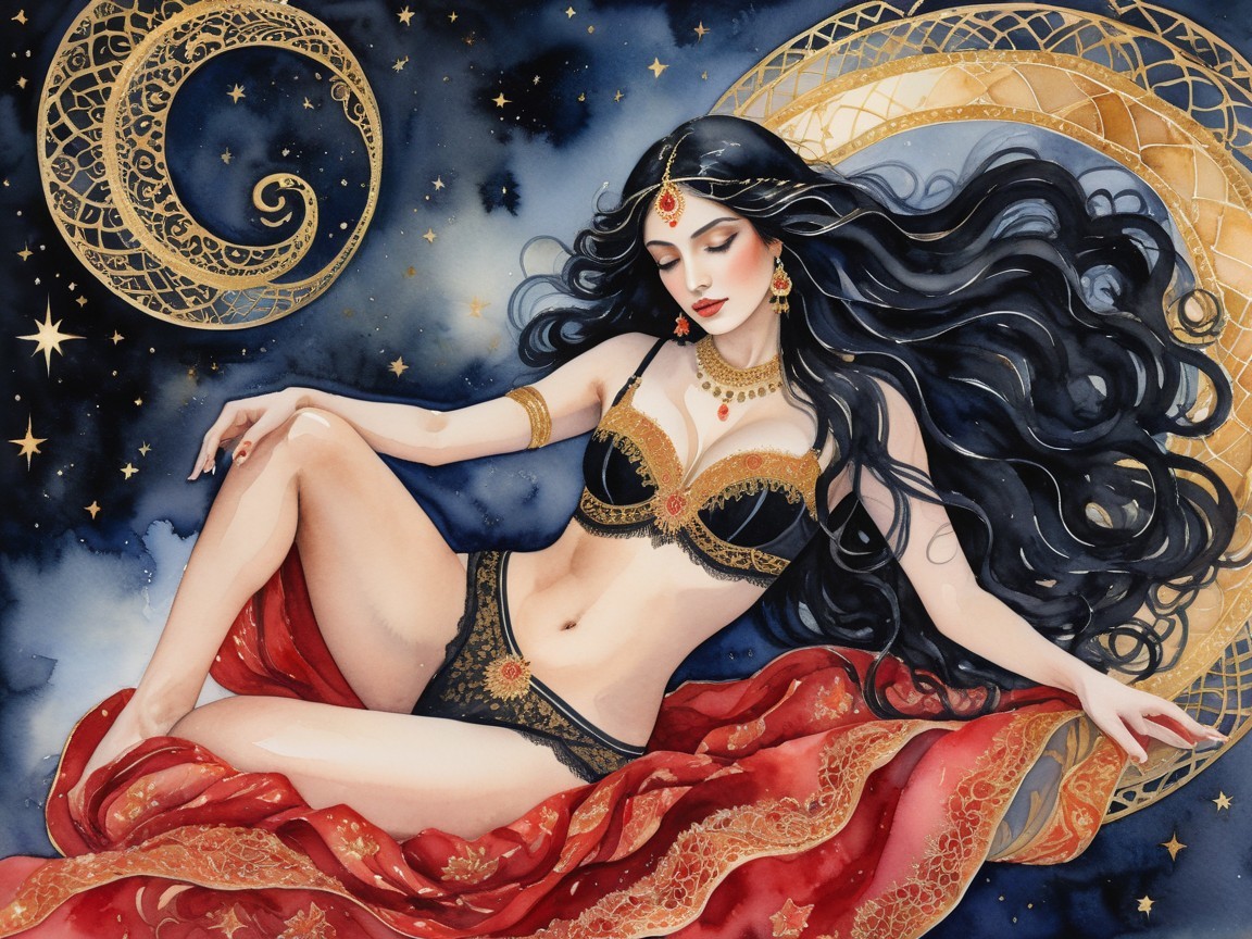 Woman in Black Lingerie Against Starry Background