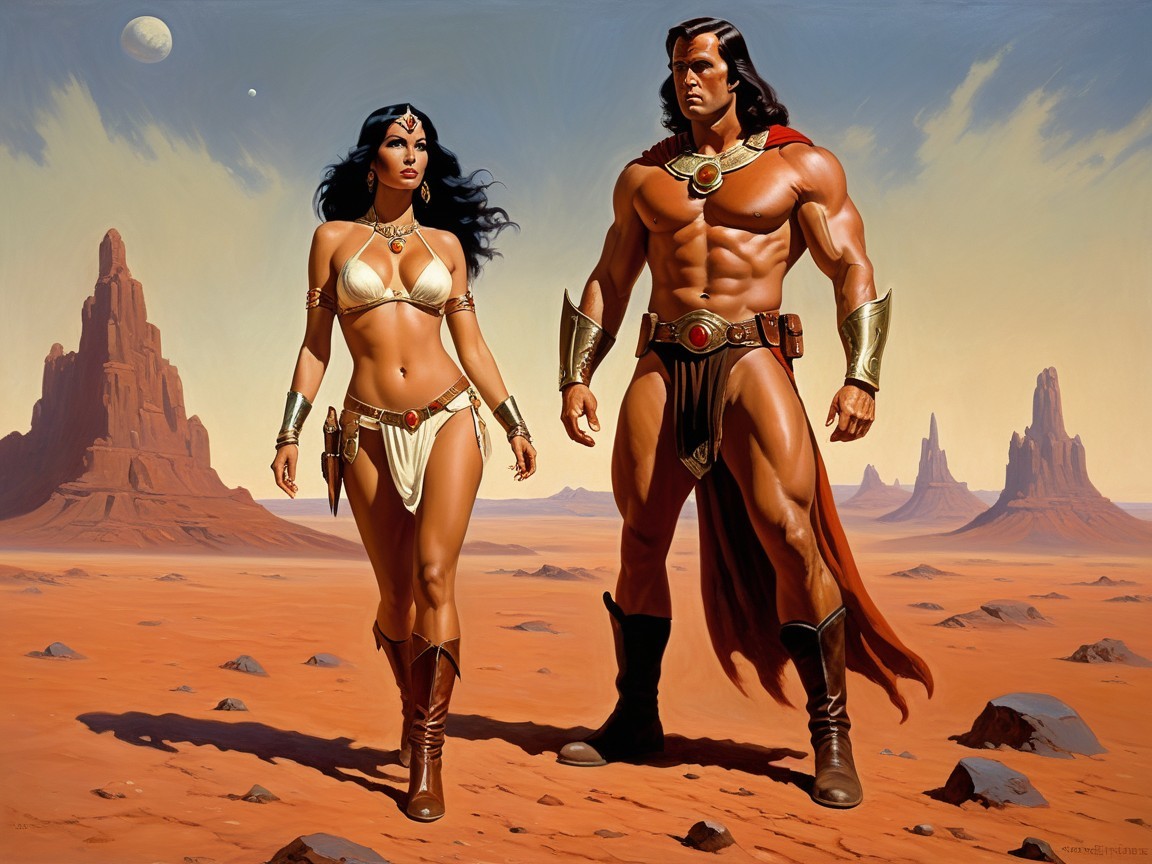 Duo in Armor on Barren Orange Planet Landscape