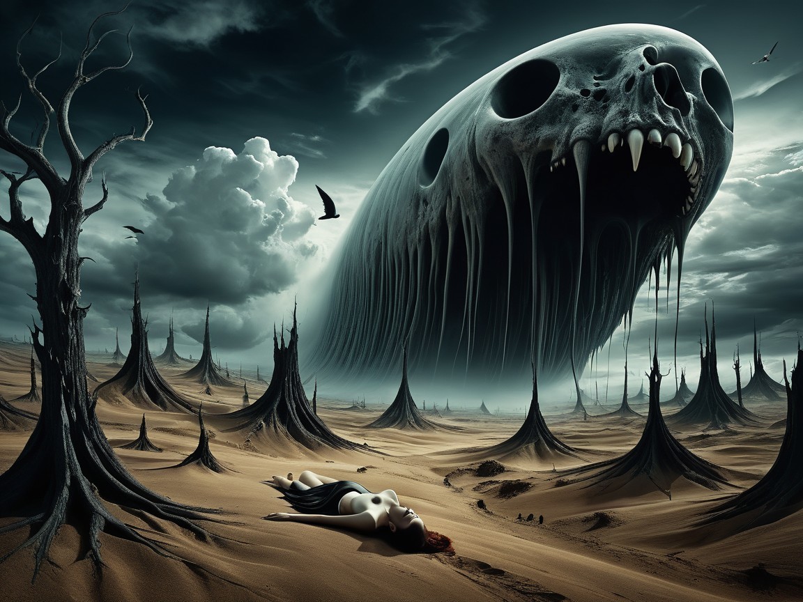 Dark Fantasy Scene with Woman and Floating Skull Creature