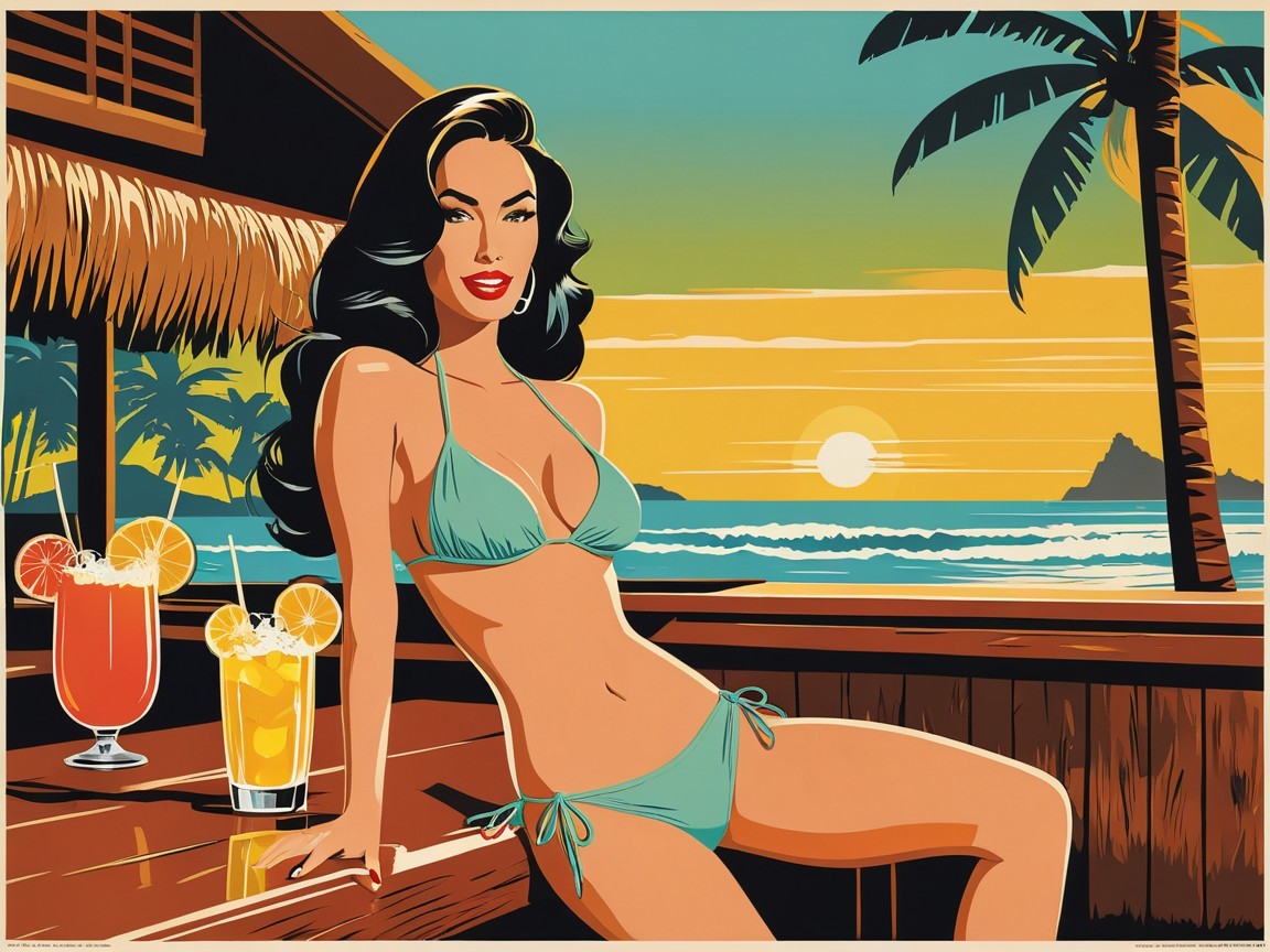 Retro Illustration of Woman at Beachside Bar