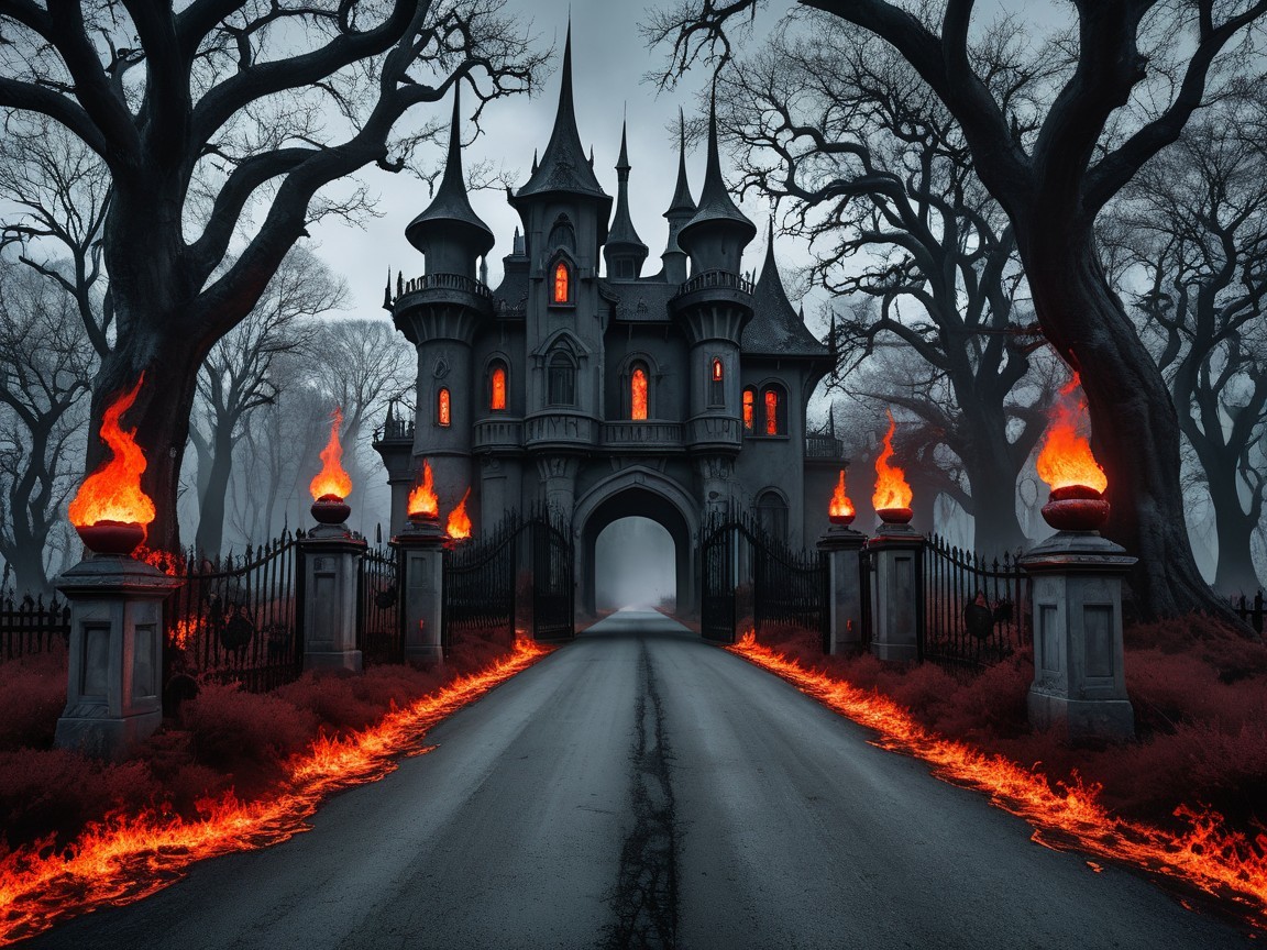 Gothic Castle in Dark Eerie Landscape with Lava Flows