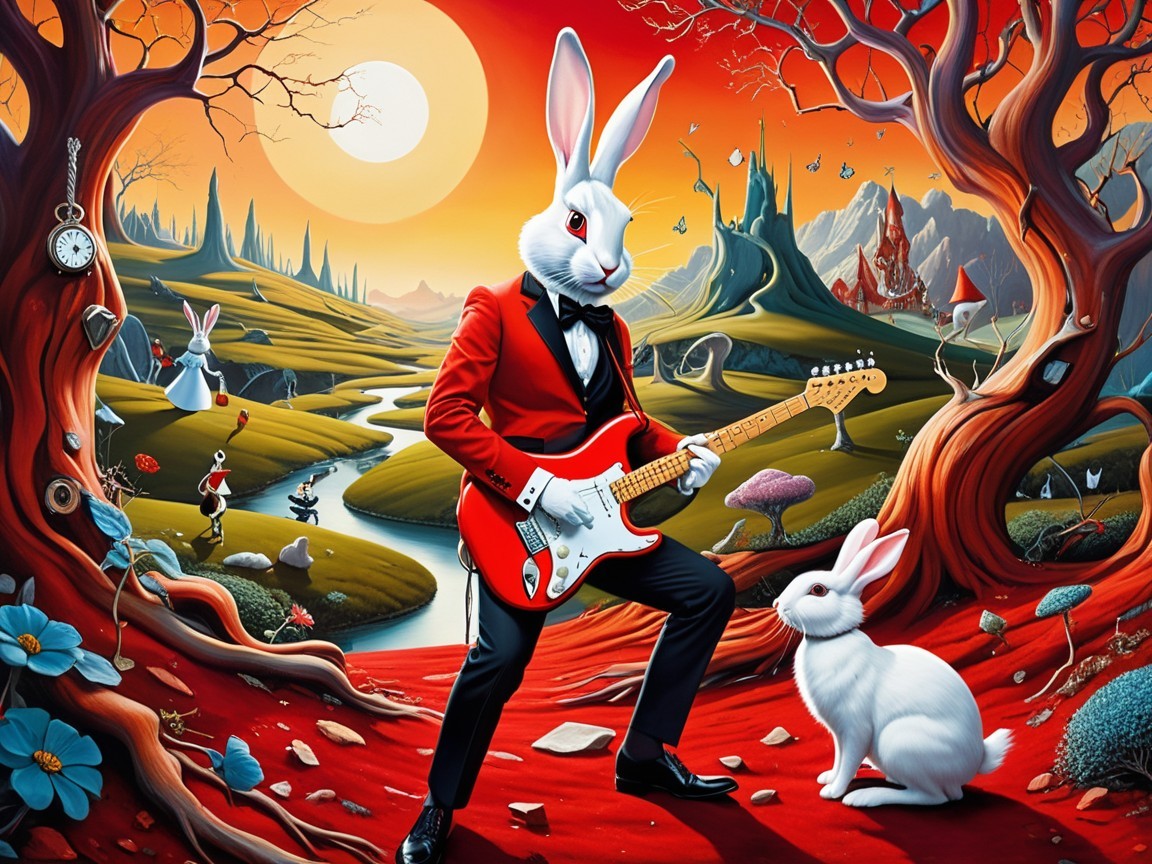 Whimsical Landscape with Tuxedo Rabbit and Guitar