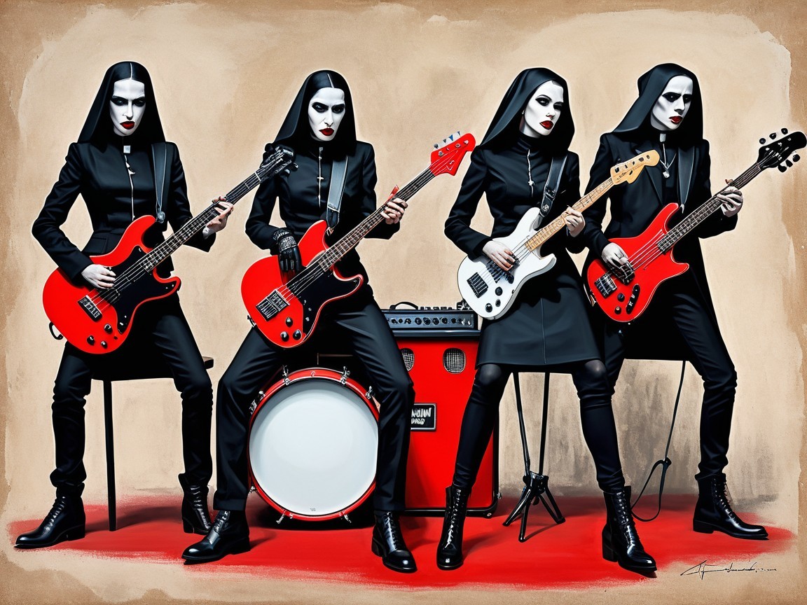 Gothic Rock Band in Hooded Habits with Guitars