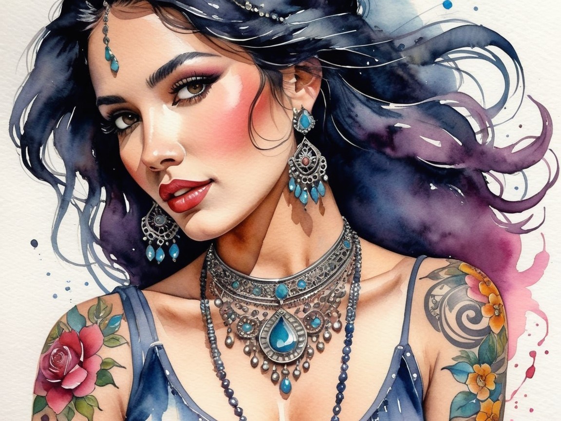 Portrait of a woman with dark hair and silver jewelry