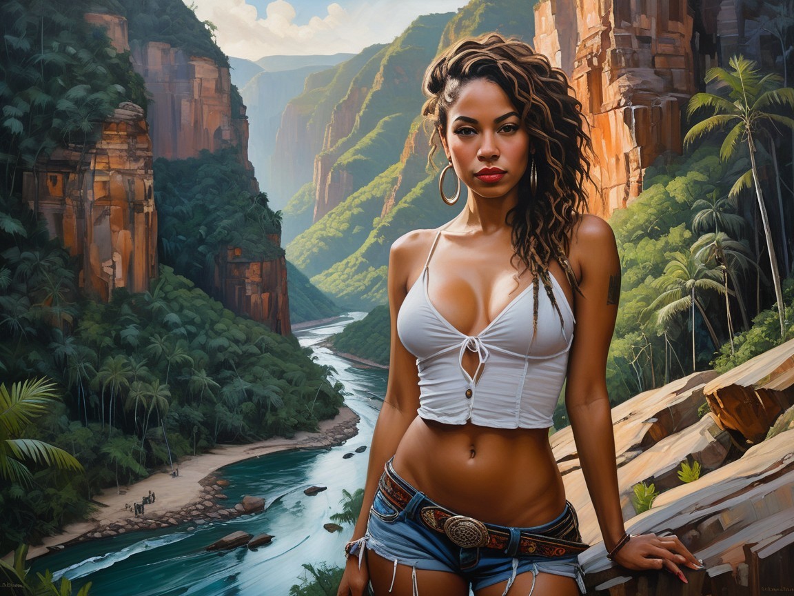 Confident Woman in Crop Top Against Scenic Backdrop