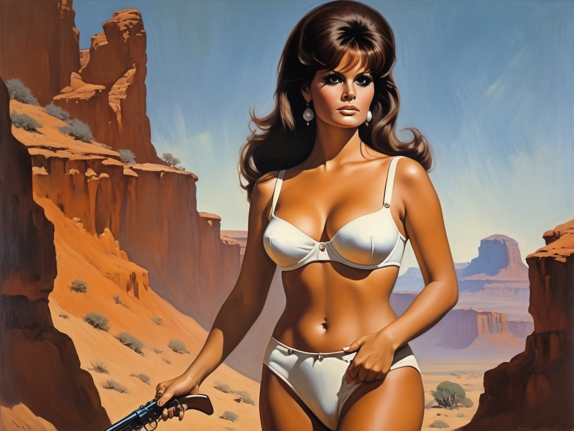 Confident Figure in Bikini Against Desert Landscape