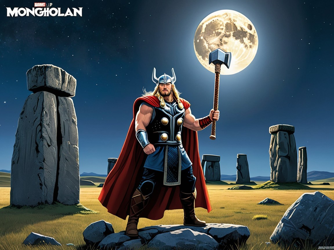 Heroic figure with hammer in a mystical landscape