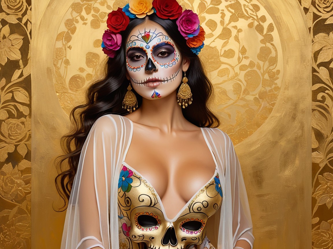 Woman with Sugar Skull Makeup Against Floral Background